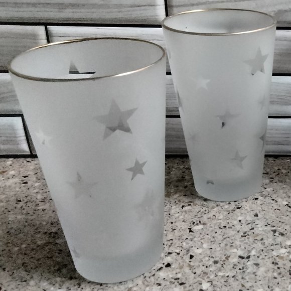 New Set of 4 Stars Pattern Gold Rim Frosted Glasses (C) - Picture 2 of 4
